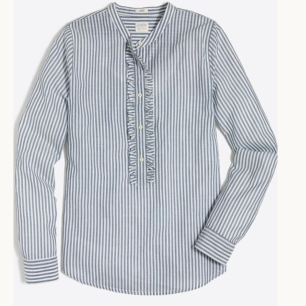 J Crew Factory Ruffle-Front Popover Shirt Blue White Cotton Small